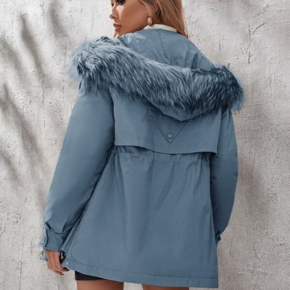 Blue cozy faux fur thermal hoodie jacket - Picture 3 of 7